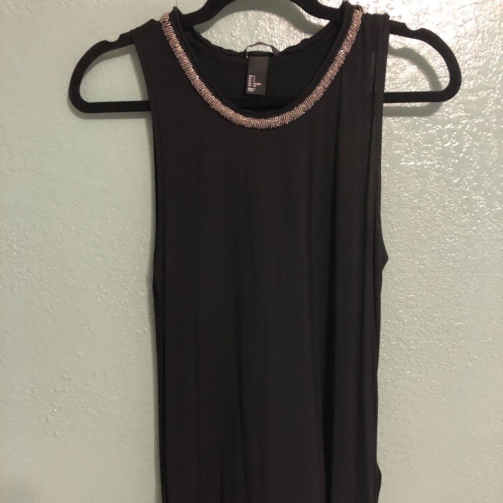 Black jersey knit tunic w/ silver beaded neckline
